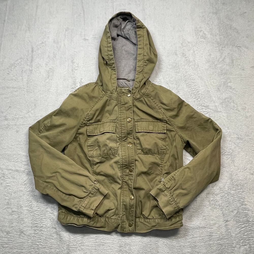 Old Navy Utility Jacket Womens Small Olive Green Hooded Cotton‎ Raglan Zip Snap